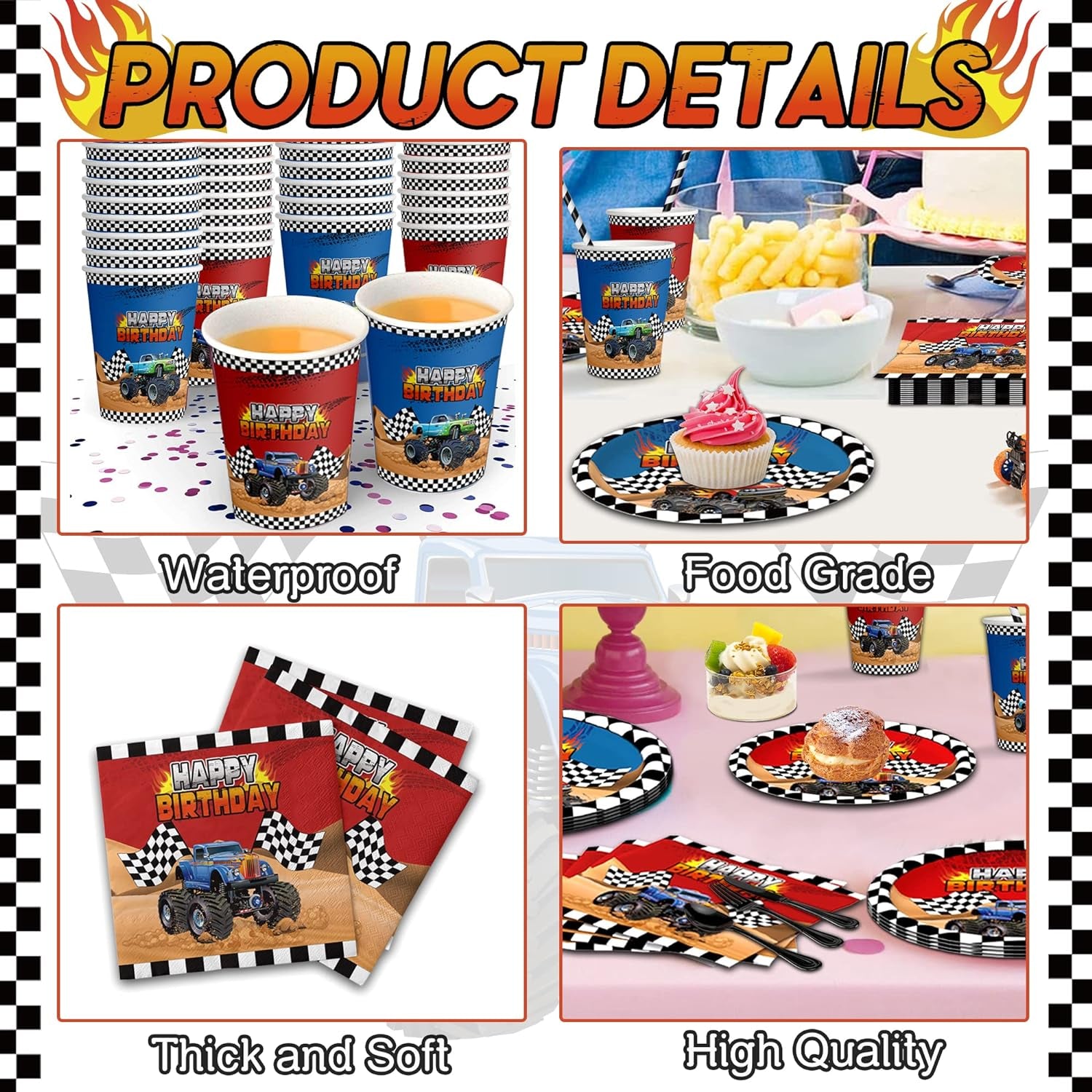 192Pcs Monster Large Truck Birthday Party Supplies Serves 24 Monster Large Truck Plates Napkins Knives Forks Spoons Straws Monster Large Truck Birthday Decorations Truck Party Favors for Kids