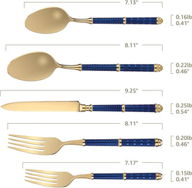 5Pcs 18/10 Stainless Steel Silverware Set Forged Manual Polishing Flatware Set Titanium Plated with Luxury Domee Handle Dishwasher Safe Home Hotel Restaurant Use Wedding Housewarming Gift Gold Blue