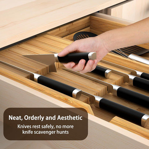 Image of Bamboo Knife Organizer for Kitchen Drawer, Knife Block Holder Drawer Insert with Expandable Tray for Fork Spoon Scissor, Large Kitchen Knife Holder without Knives, Holds 7 Knives