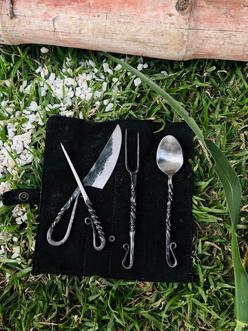 Image of Handmade Medieval Eating Set | Hand Forged Twisted Viking Medieval Eating Utensil Set of 4 Pcs | Functional Knife Fork Spoon and Food Stick Flatware Set with Leather Pouch