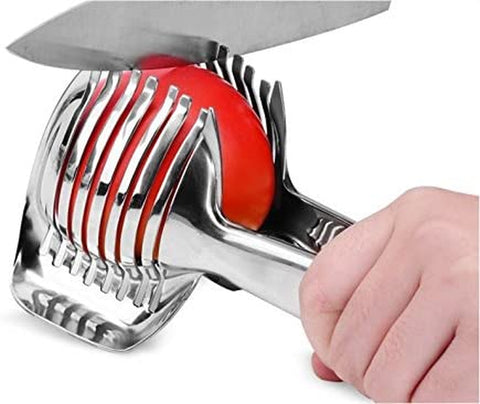 Image of Tomato Lemon Slicer Holder round Fruits Onion Shreader Cutter Guide Tongs with Handle Kitchen Cutting Potato Lime Food Stand Stainless Steel