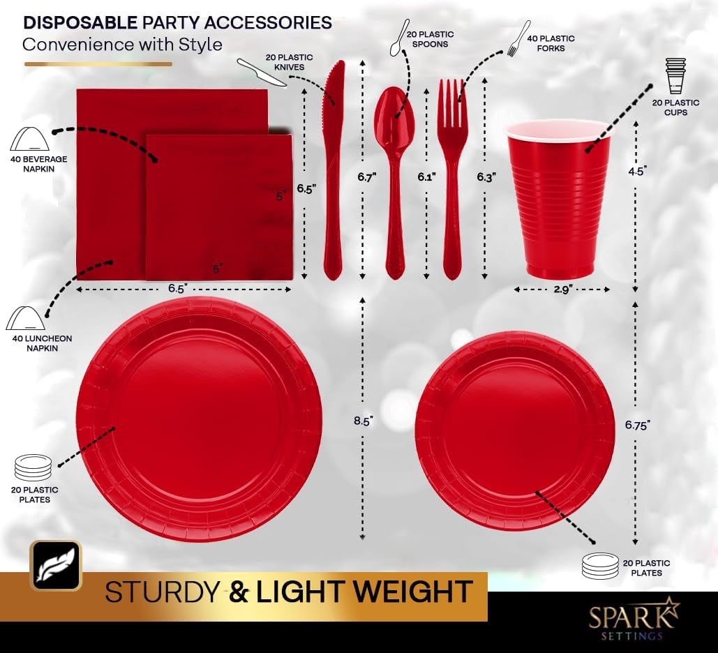 Red Party Supplies Set Paper Plates Plastic Cups Forks Knives Spoons Napkins Tablecloth Serves 20 Guests Disposable Dinnerware Set of 222 Pieces, Complete Tableware for Party - by