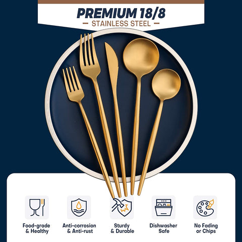 Image of Luxury Matte Gold Silverware Set, 20-Piece 18/8 Stainless Steel Flatware Sets for 4, Dishwasher Safe