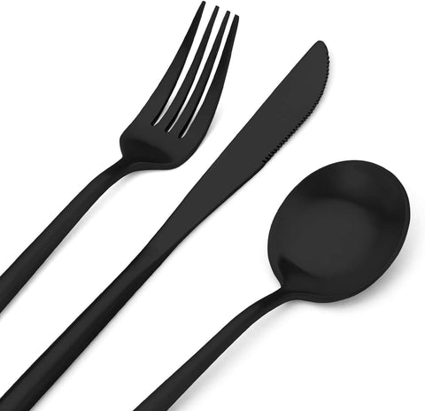 Image of Matte Black Silverware Set, Stainless Steel Satin Finish, Flatware Cutlery Set for 4, 20-Piece Spoons and Forks Kitchen Utensil Set, Dishwasher Safe (Matte Black, 20 P)