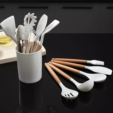 Image of Kitchen Utensils Set, 33 Pcs Non-Stick Silicone Cooking Utensils Set, Heat-Resistant Silicone, Wooden Utensils for Cooking, Kitchen Gadgets Spatula Set, Apartment Essentials Kitchen Set (White)