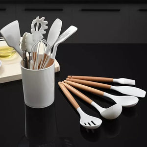 Kitchen Utensils Set, 33 Pcs Non-Stick Silicone Cooking Utensils Set, Heat-Resistant Silicone, Wooden Utensils for Cooking, Kitchen Gadgets Spatula Set, Apartment Essentials Kitchen Set (White)