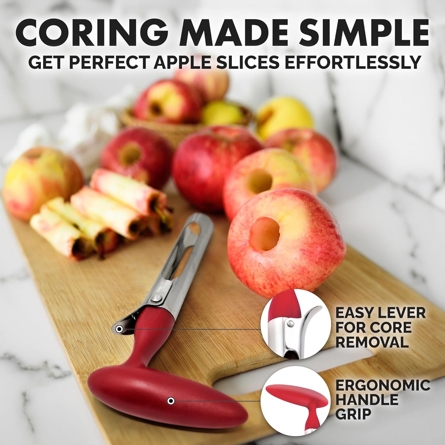 Premium Apple Corer Tool - Ultra Sharp, Stainless Steel, Serrated Blades for Easy Coring - Easy to Use & Clean, Durable Apple Corer Remover for Baking Apples & More - Red