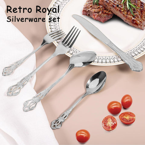 Image of Silverware Set for 4, Stainless Steel Gorgeous Retro Royal Flatware Set, 20-Pieces Cutlery Tableware Set, Kitchen Utensils Set Include Spoons and Forks Set, Mirror Finish, Dishwasher Safe