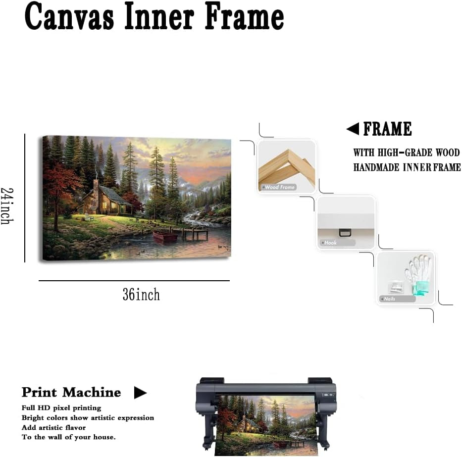 Landscape Oil Painting Kinkade Wall Art Country Pastoral Pictures in Frame with Lake Mountain Wall Decor Cityscape Canvas Poster for Living Room Bedroom Decor (24X36In Frame,Tms-1)