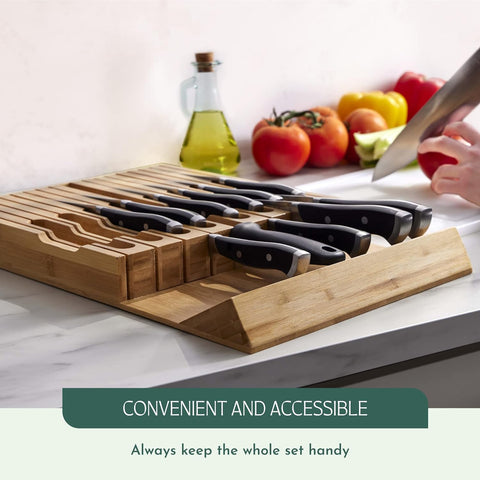 Image of High-Grade 100% Bamboo Knife Drawer Organizer - 16 Knife Slots plus a Sharpener Slot, Knife Organizer for Kitchen Organization, Durable, Secured, Practical, Eco-Friendly, Knife Block without Knives.