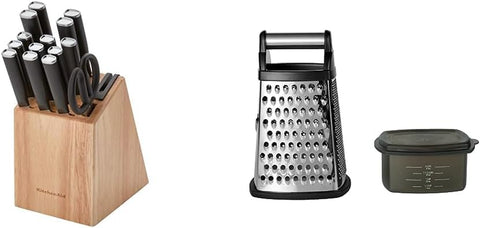 Classic 15 Piece Knife Block Set with Built in Knife Sharpener, High Carbon Japanese Stainless Steel Kit & Gourmet 4-Sided Stainless Steel Box Grater with Detachable Storage