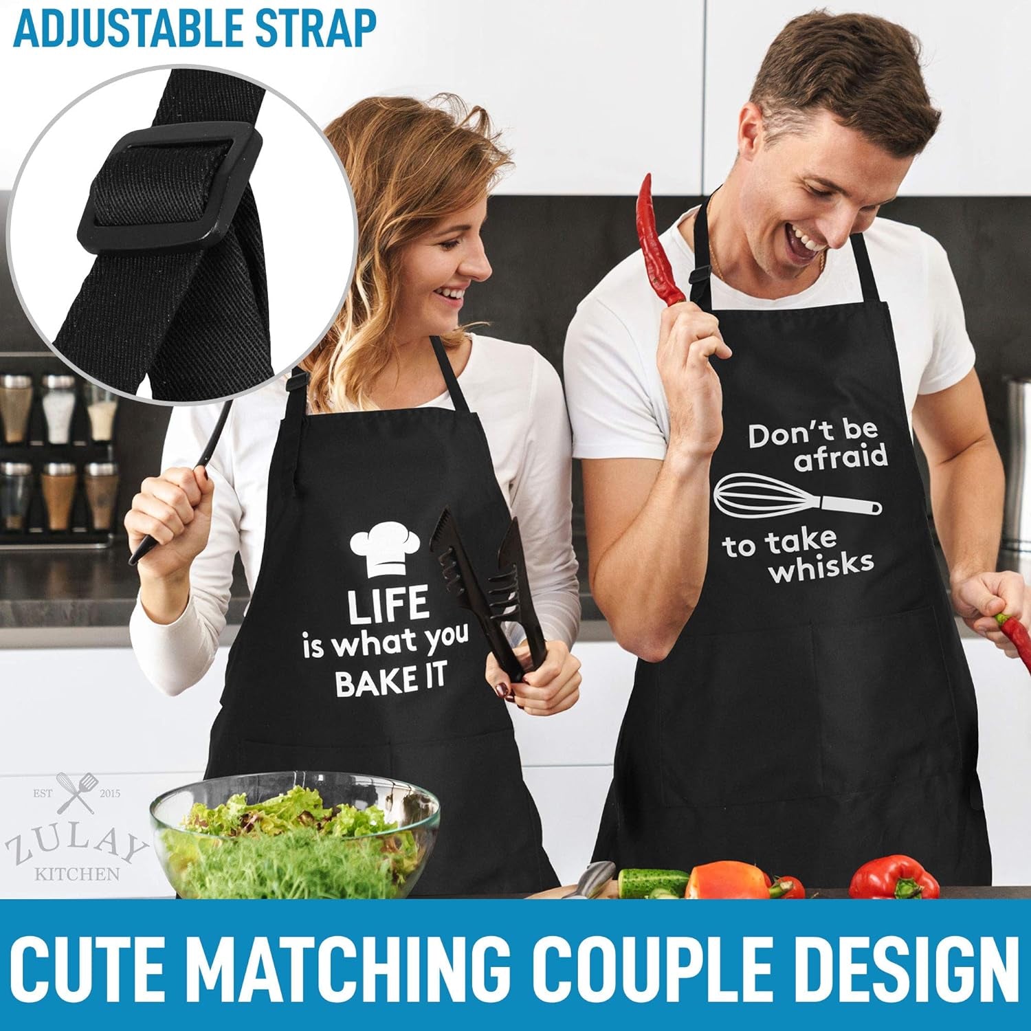 Zulay 2-Pack Funny Aprons for Men & Women - Kitchen Aprons with Adjustable Neck Strap & 2 Large Pockets