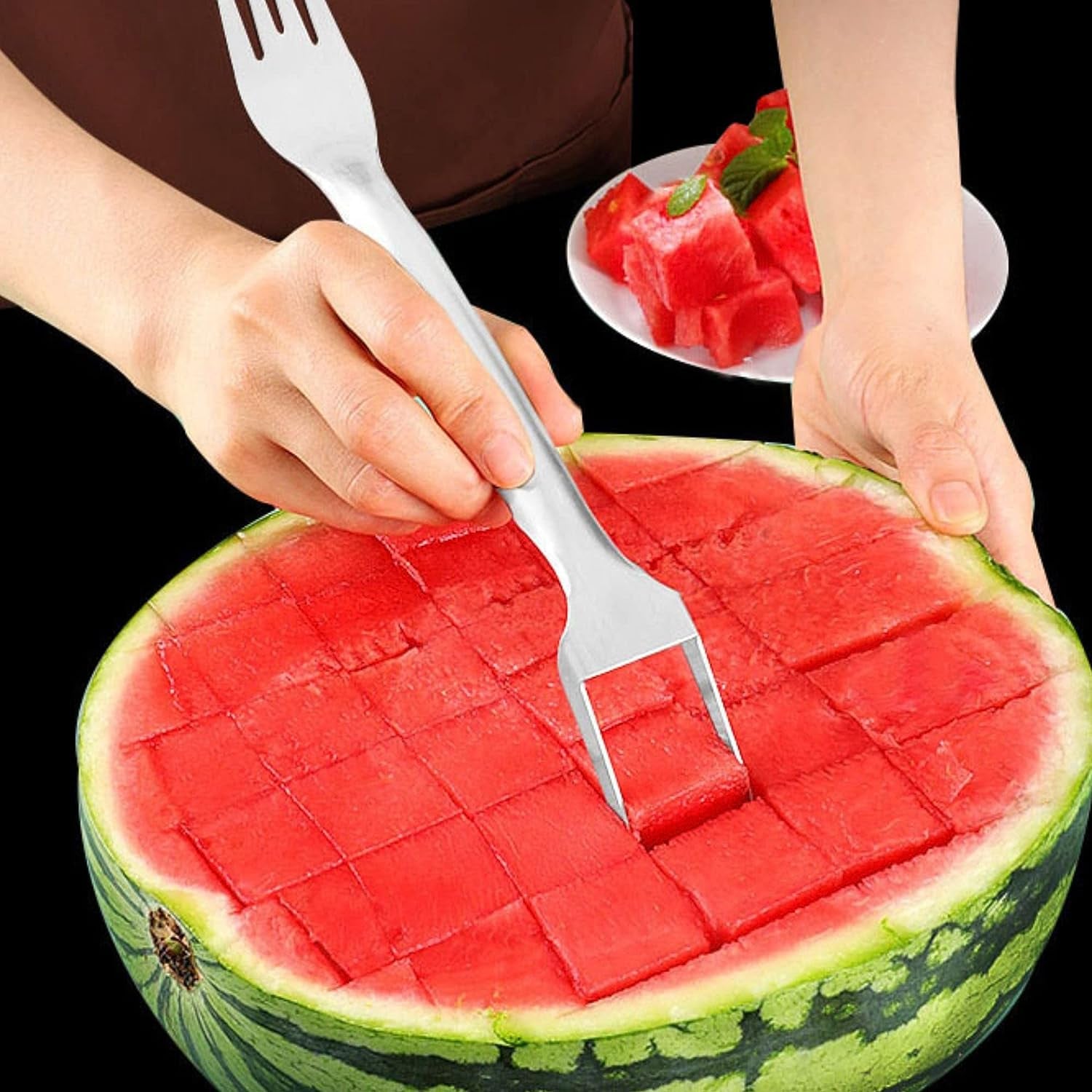 3PCS Watermelon Slicer Cutter, 2- In- 1 Watermelon Fork Slicer, 2023 New Watermelon Slicer Cutter Summer Watermelon Fruit Cutting Fork, Stainless Steel Fruit Forks for Family Parties Camping