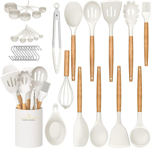 Image of Kitchen Utensils Set, 33 Pcs Non-Stick Silicone Cooking Utensils Set, Heat-Resistant Silicone, Wooden Utensils for Cooking, Kitchen Gadgets Spatula Set, Apartment Essentials Kitchen Set (White)