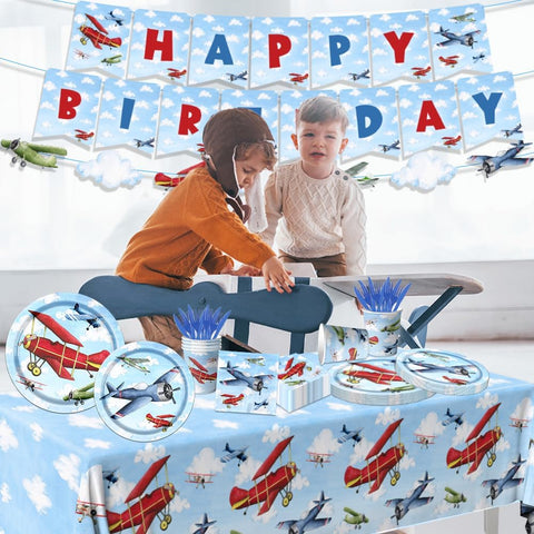 Image of 142Pcs Airplane Birthday Party Decorations Airplane Party Tableware Supplies Airplane Blue Sky White Disposable Plates,Tablecloth,Napkins,Cups,Banner Forks and Knives for Kids Favors Serve 20 Guests