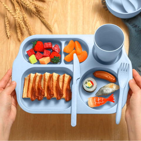 Image of 24 Pcs Wheat Straw Dinnerware Cutlery Sets, Kids Toddlers Divided Plates Unbreakable Bowl Microwave Dishwasher Safe Tableware Cutlery Spoon Knife Fork Cup (Blue)