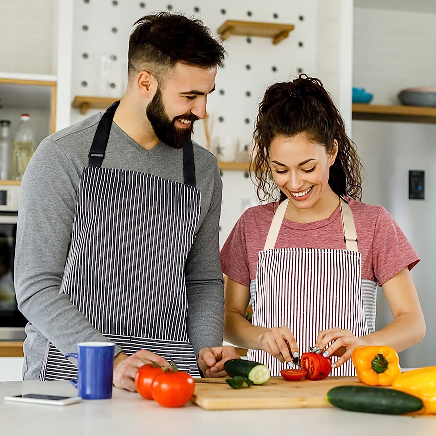 2 Pack Apron, Cotton Cooking Kitchen Aprons, Adjustable Bib Apron with 2 Pockets for Men Women Chef Aprons,(Black/Brown Stripes)