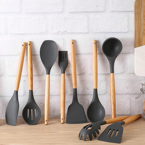 Image of Silicone Cooking Utensils Kitchen Utensil Set, 12 PCS Wooden Handle Nontoxic BPA Free Silicone Spoon Spatula Turner Tongs Kitchen Gadgets Utensil Set for Nonstick Cookware with Holder