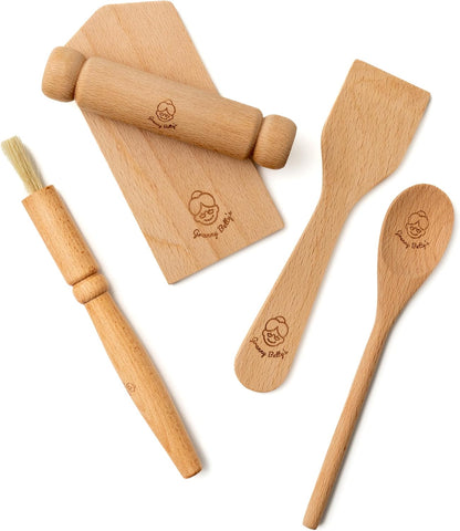 Image of Kids Cooking Utensils Set – 5-Pcs Kids Baking Set with Chopping Board, Spoon, Spatula, Rolling Pin, Brush – Eco-Friendly Birch Wood Toddler Kitchen Set – Child-Size Kitchen Utensil Set