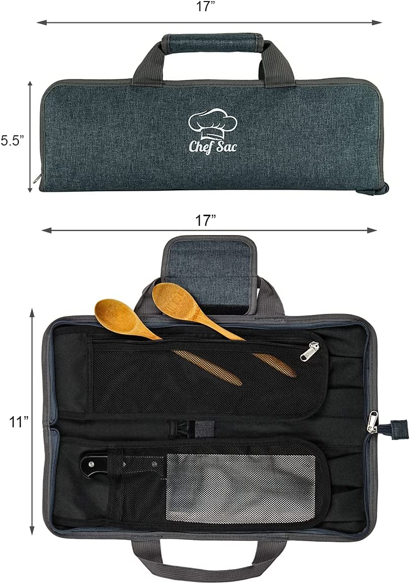 Chef Knife Roll Bag Travel Case | 8 Pockets for Knives & Tools | 2 Flaps with Cleaver & Mesh Pocket | Honing Rod Slot | Chef Knife Case for Professional & Students | Knives Not Included (Denim Grey)
