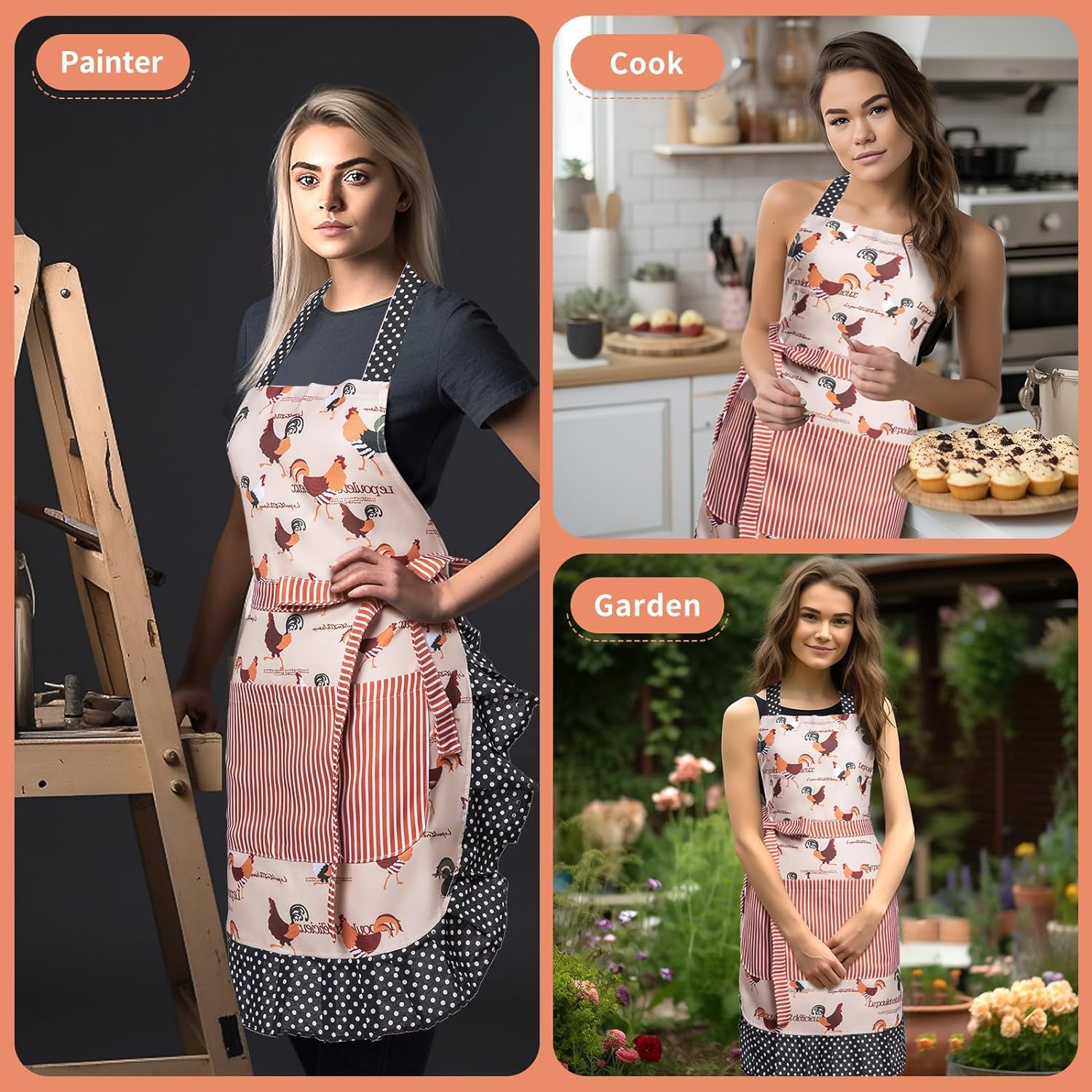Lovely Flower Pattern Retro Aprons with Large Pockets for Women Girls Cooking Kitchen Bakery Mother'S Gift