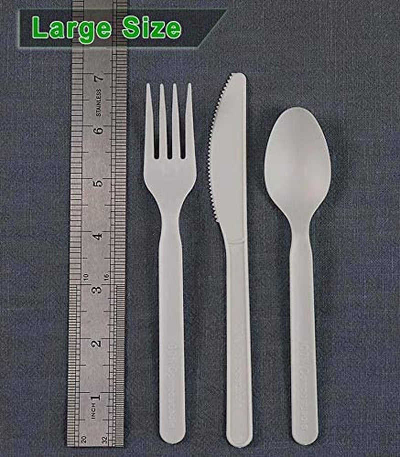 150 Count 7" Heavy-Duty Compostable Cutlery Set,50 Forks 50 Spoons 50 Knives,Bpi Certified, Large Disposable Utensils Silverware Flatware Set