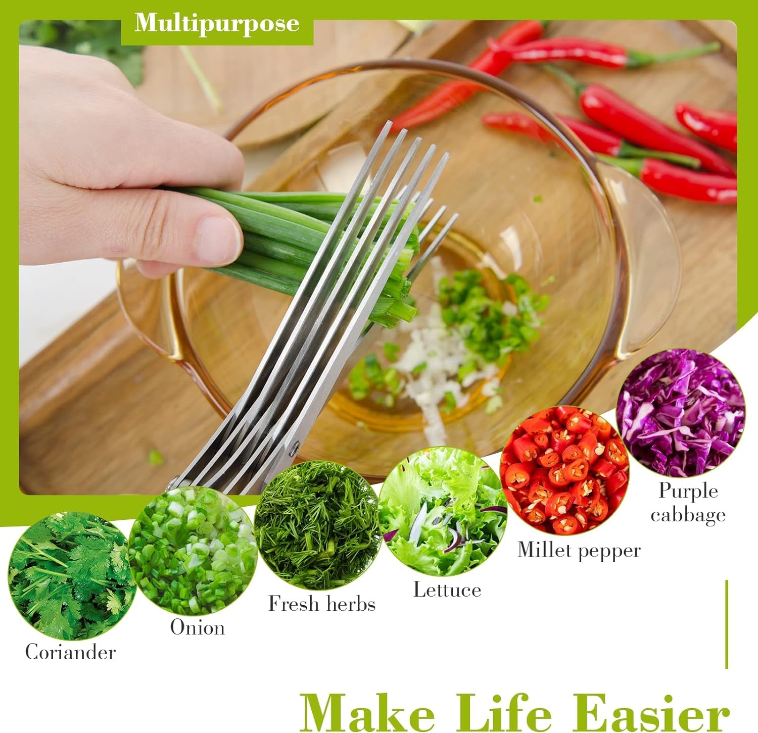 Scissors Herb, Sharp Heavy Scissors for Cutting, Chopping and Cooking Fresh Garden Herbs, 5 Stainless Steel Blades and Stripper, Vanilla Cutter Chopper Garden Kitchen Gadgets