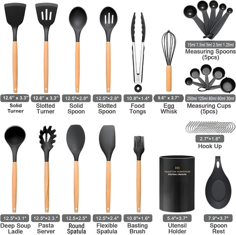 Image of Kitchen Utensils Set, 33 Pcs Non-Stick Silicone Cooking Utensils Set, Heat-Resistant Silicone, Wooden Utensils for Cooking, Kitchen Gadgets Spatula Set, Apartment Essentials Kitchen Set (Black)