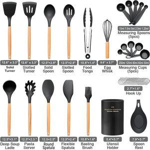 Kitchen Utensils Set, 33 Pcs Non-Stick Silicone Cooking Utensils Set, Heat-Resistant Silicone, Wooden Utensils for Cooking, Kitchen Gadgets Spatula Set, Apartment Essentials Kitchen Set (Black)