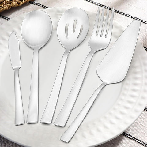 Image of Serving Utensils,  5-Piece Stainless Steel Hostess Serving Set for Buffet Party Kitchen Restaurant, Square Handle Silverware, Matte Finished & Dishwasher Safe – Silver