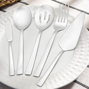 Serving Utensils,  5-Piece Stainless Steel Hostess Serving Set for Buffet Party Kitchen Restaurant, Square Handle Silverware, Matte Finished & Dishwasher Safe – Silver