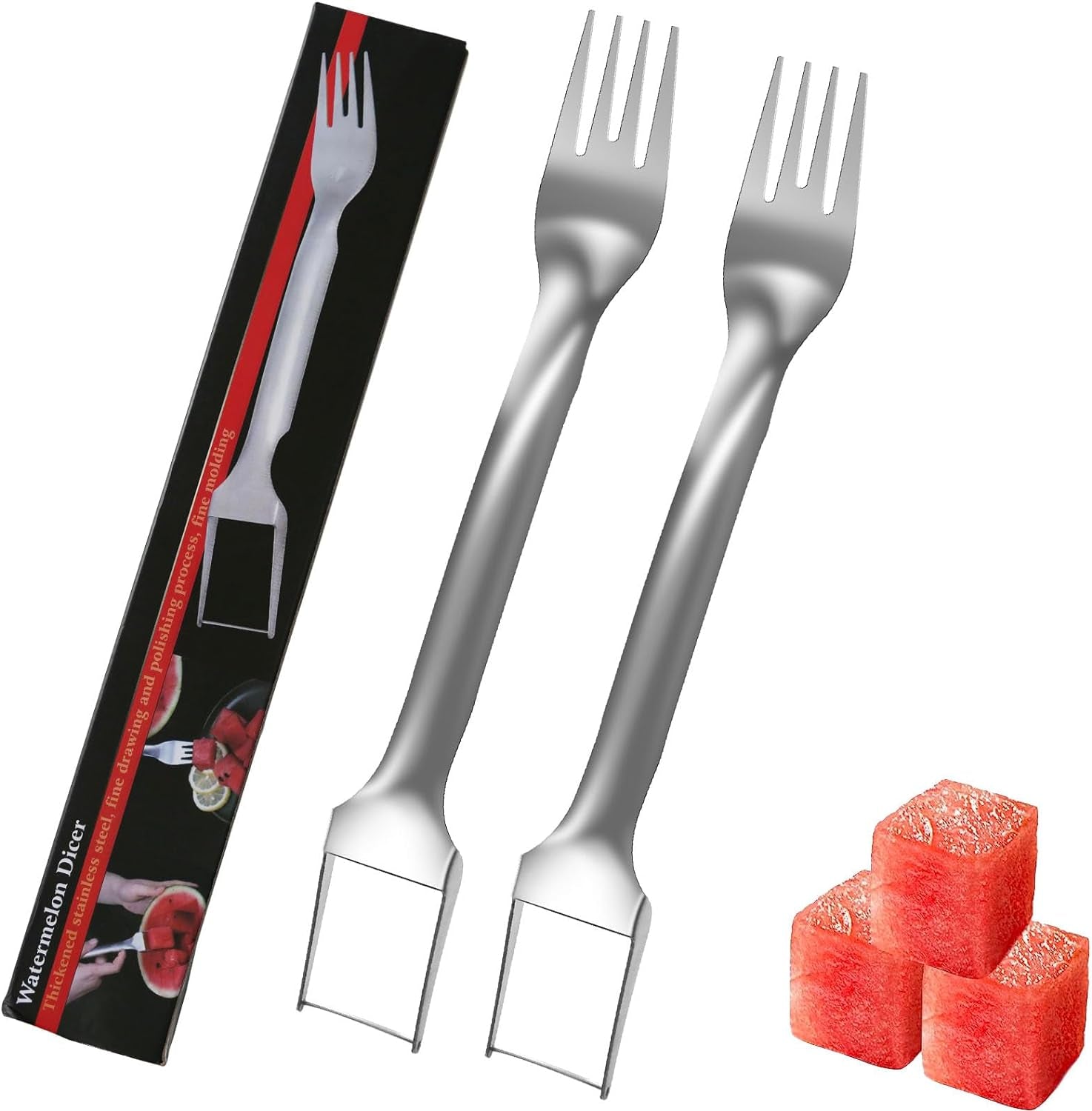 2 Pcs Watermelon Fork Slicer Cutter, Stainless Steel Watermelon Slicer Cutter 2-In-1 Summer Watermelon Fruit Cutting Fork, for Home Party Camping Kitchen Gadget