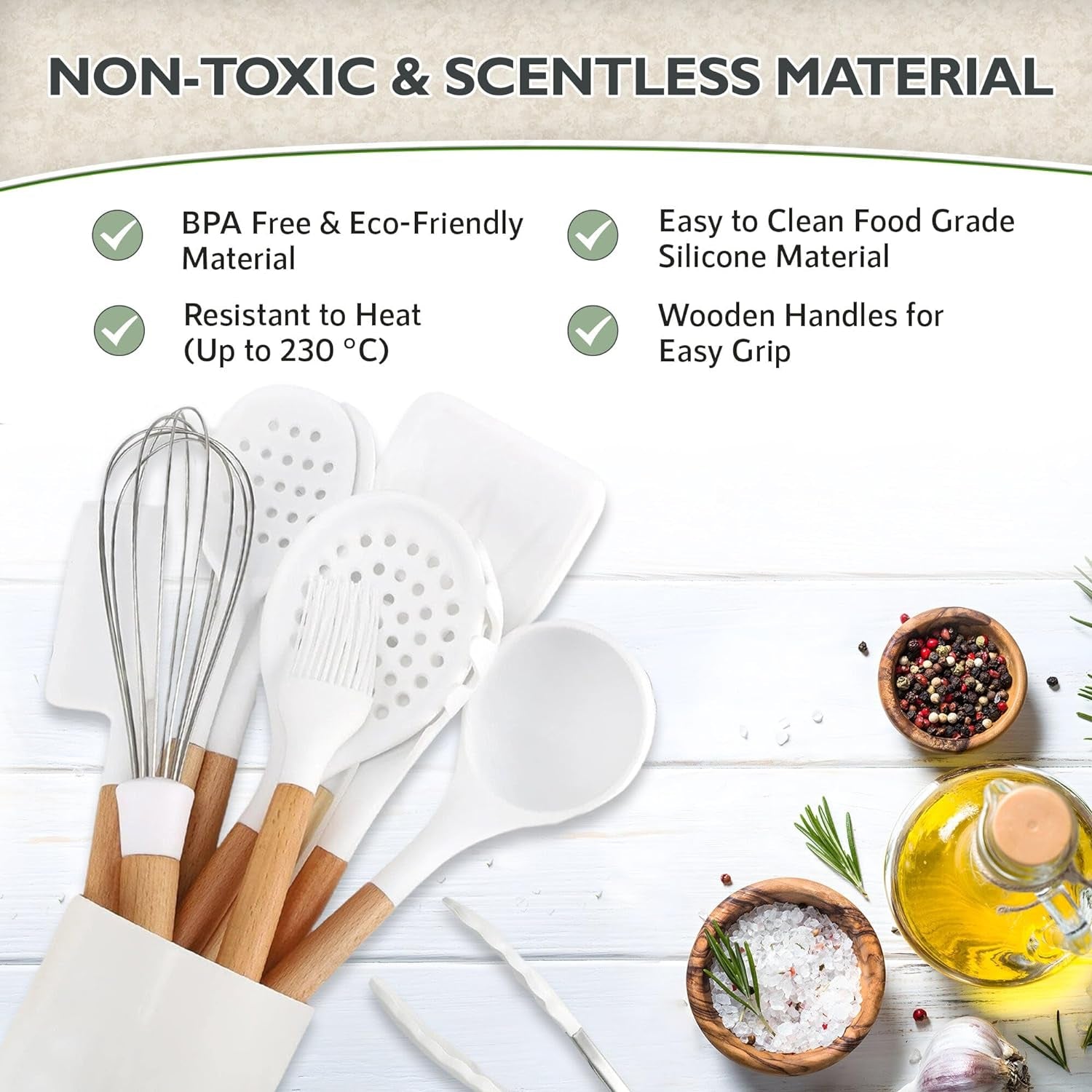 White Silicone Cooking Utensils, White Kitchen Utensils, White Cooking Utensils Set | Silicone Spatula, Tongs, Ladle, Serving Spoons-Non-Stick, BPA Free Kitchen Utensils Set with Holder - 11 Pc