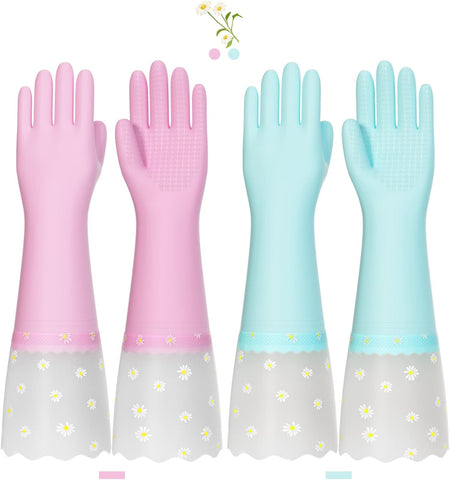 Image of Reusable Rubber Gloves for Dishwashing Cleaning, Non-Slip Cotton Lining Washing Glove Kitchen Waterproof Household Gloves