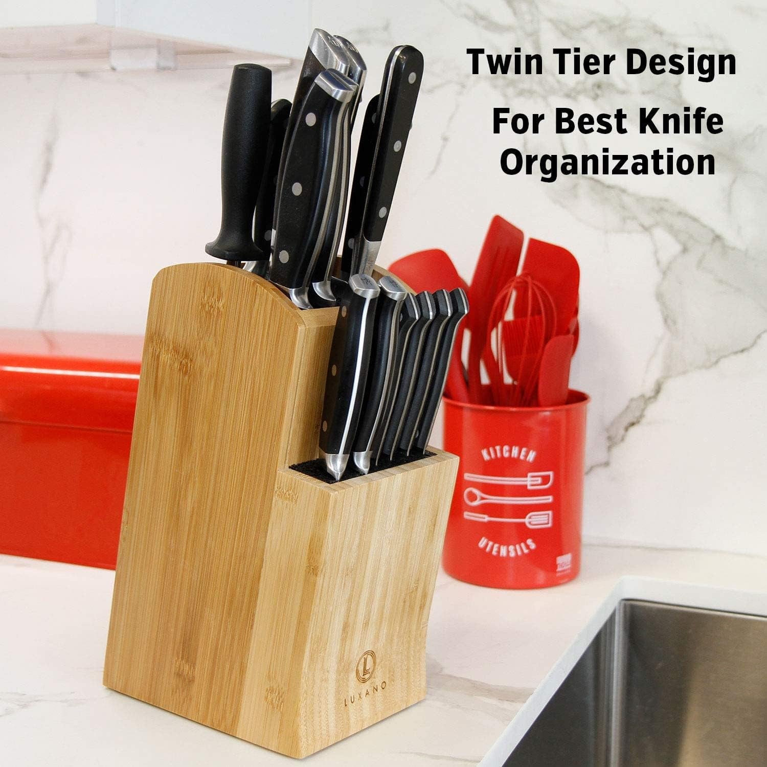 Universal Knife Block without Knives - Kitchen Knife Holder for Kitchen Counter - Extra Large Bamboo Knife Block Holder