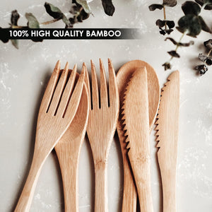 Bamboo Cutlery Set (6 Pieces with Case) - Reusable Cutlery Set - 2X Wooden Spoons, Forks, Knives Made of Compostable Bamboo - Travel Cutlery Set - Chic Flatware Set for Eating