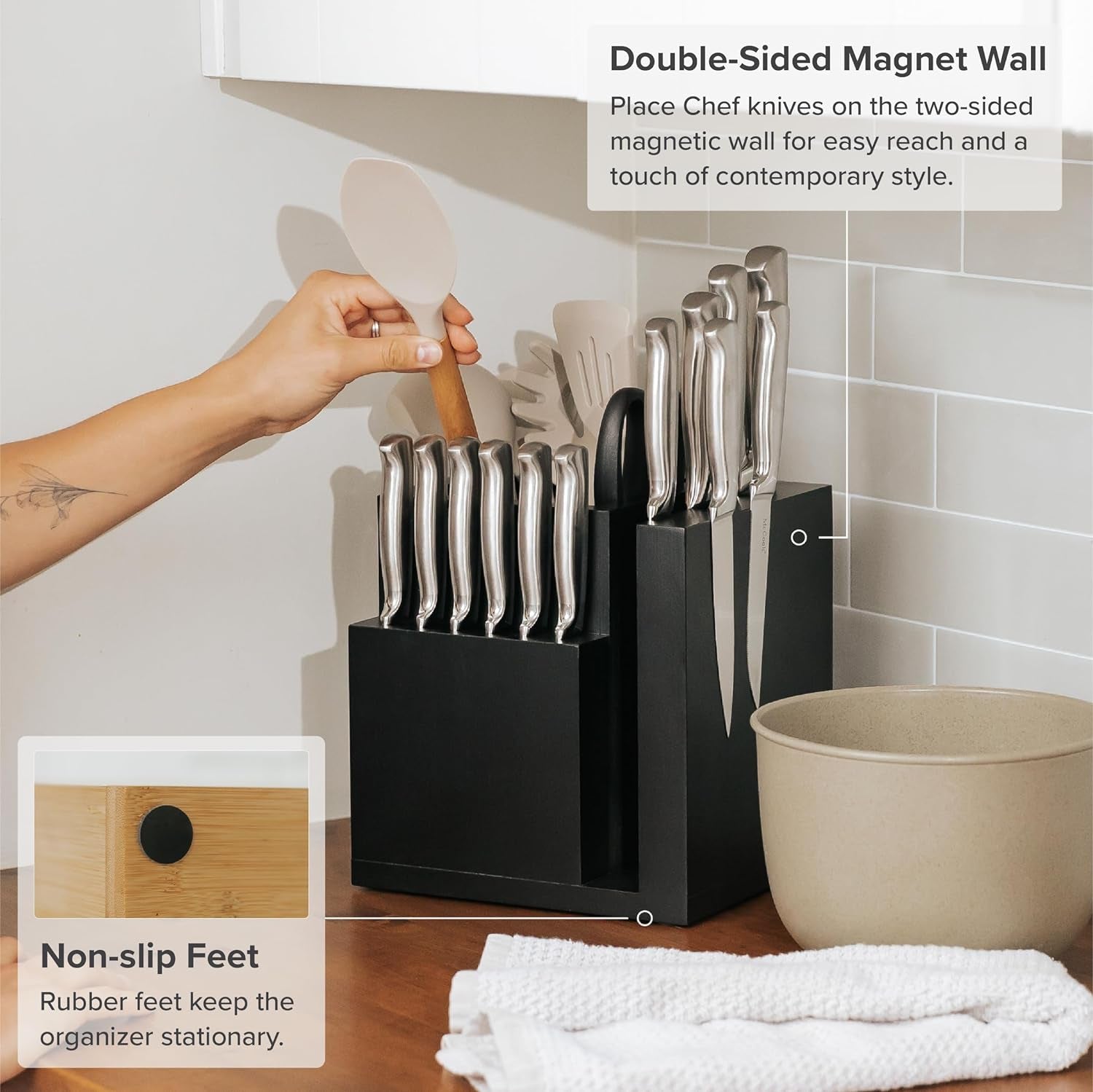 Bamboo Magnetic Knife Block and Cooking Utensil Holder, Sleek Storage for Chefs Knives, Steak Knives, Spatulas, Scissors, Non-Slip Rubber Feet, Easy to Clean, Food-Safe Black Finish