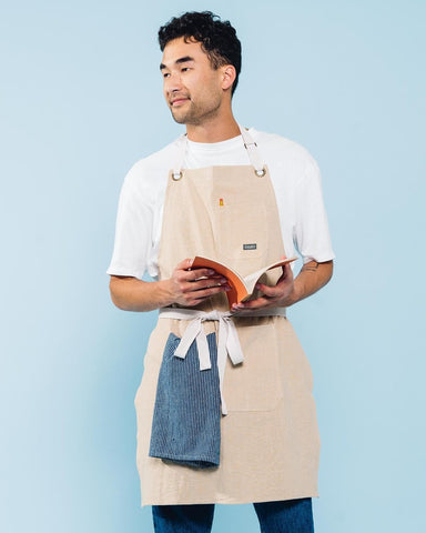 Image of Linen Kitchen Apron for Cooking- Mens and Womens Linen Bib Apron for Professional Chef, Server, or Barista- Adjustable with Pockets (Bone)
