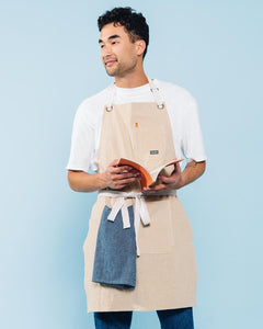 Linen Kitchen Apron for Cooking- Mens and Womens Linen Bib Apron for Professional Chef, Server, or Barista- Adjustable with Pockets (Bone)