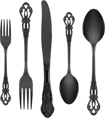 Image of Black Silverware Set for 8, Stainless Steel Gorgeous Retro Royal Flatware Set, 40-Pieces Cutlery Tableware Set, Kitchen Utensils Set Include Spoons and Forks Set, Mirror Finish, Dishwasher Safe