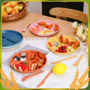 8 Set Unbreakable Wheat Straw Divided Dinner Plates 9 Inch Wheat Plastic Gridded Dinner Plates with Spoon Knife Fork Microwave Dishwasher Safe Wheat Straw Dinnerware Set for Kids Picnic Kitchen