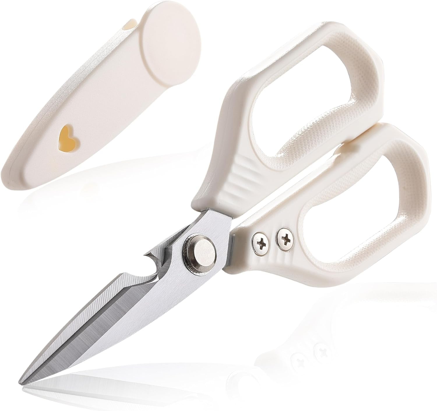 Kitchen Scissors,  All Purpose Kitchen Shears with Protective Sheath, Heavy Duty Stainless Steel Cooking Shears for Chicken/Herb/Poultry/Fish/Meat (Dishwasher Safe, One Size, White)