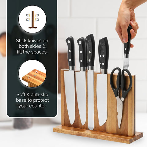 Image of Premium Natural Acacia Wood Magnetic Knife Block Double Sided Magnetic Knife Holder Stand for Kitchen Counter anti Slip Base Knife Block without Knives Knife Storage Universal Knife Block Knife Stand