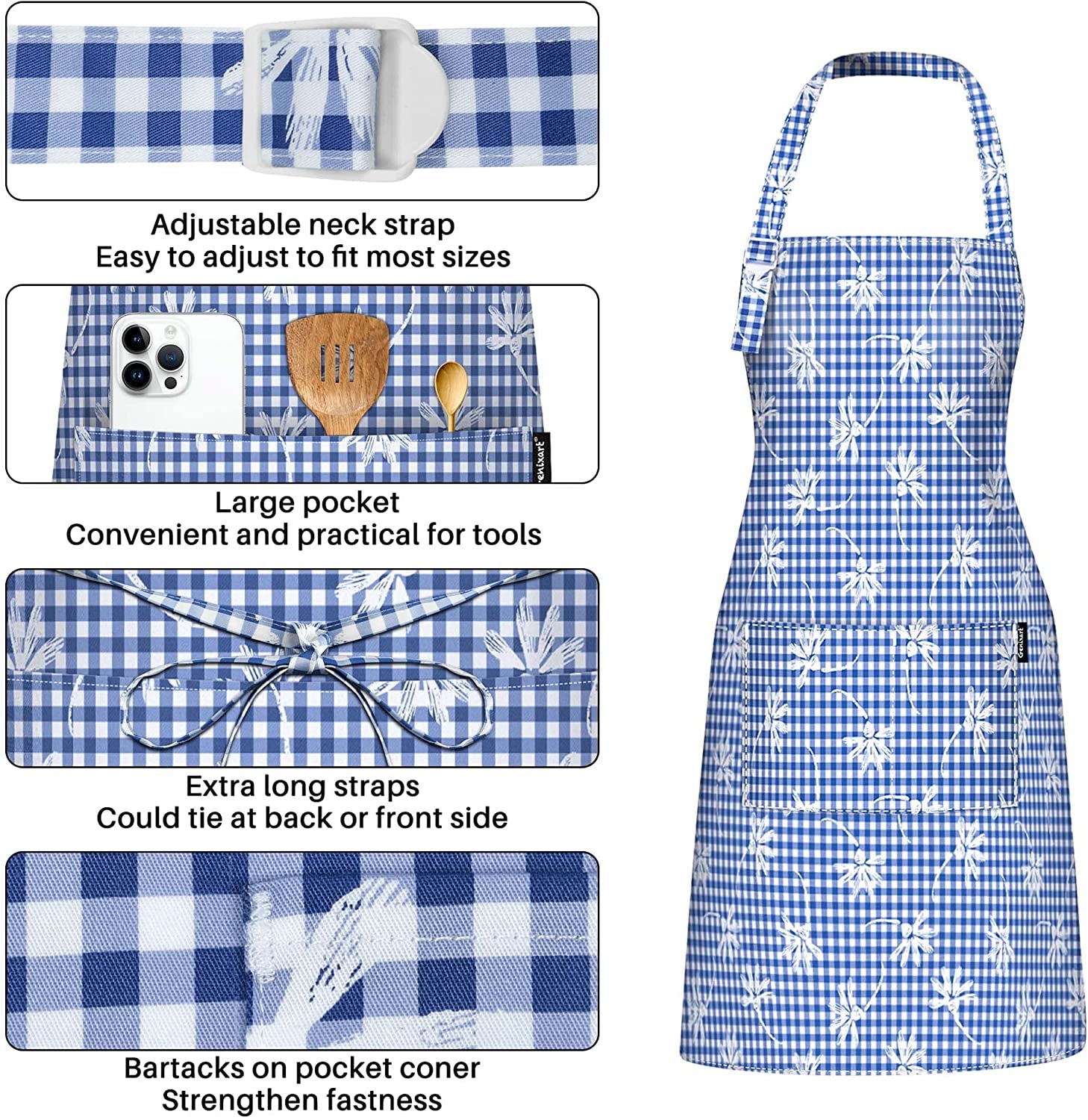 Kitchen Cooking Apron, Adjustable Bib Chef Aprons for Women/Men, 100% Cotton Apron for Restaurant Cafe Shop, Gingham Check