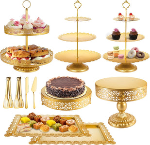 Gold Cake Stand, Metal Dessert Table Display Set Tiered Cupcake Holder Fruit Candy Donut Plate Serving Tower Tray Platter with Tong, Cake Knife and Server Set for Wedding, Birthday Party Decor 11PCS