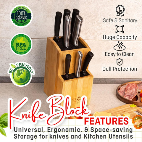 Image of Bamboo Universal Knife Block | Extra Large Capacity for up to 20 Knives of Multiple Sizes | Modern Knife Storage