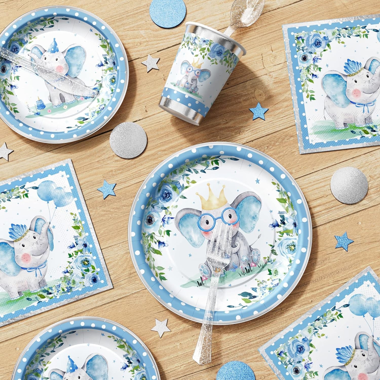 Elephant Baby Shower Decorations for Boy - 175PCS Blue Elephant Party Supplies Disposable Dinnerware (25 Guest) with Paper Plates Cups Napkins Plastic Forks Knives Spoons for Baby Boy Birthday