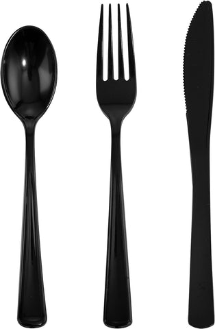 Image of 180 Pieces Black Silverware Cutlery Disposable Plastic - Plastic Flatware Set 60 Forks, 60 Knives and 60 Spoons - Heavy Duty Black Plastic Cutlery - Black Utensils for Party, Wedding,Birthday