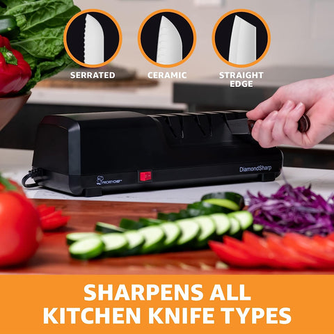 Image of Electric Knife Sharpener for Kitchen Knives, Powerful Motor with Precision Guides and Professional Diamond Abrasives, Expert Automatic Angle Detection for Sharper Knives Black