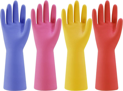 Image of Rubber Kitchen Dishwashing Gloves - 4 Pairs Colorful Reusable Household Cleaning Gloves for Washing Dishes and Cleaning Tasks, Flexible Durable and Non-Slip (Large, Blue+Pink+Yellow+Orange)